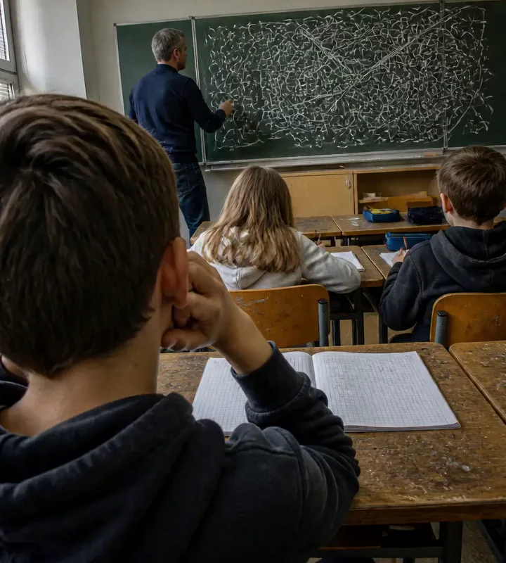 Klassenzimmer: Der Lehrer schreibt an eine völlig vollgekritzelte Tafel, drei Kinder sehen zu