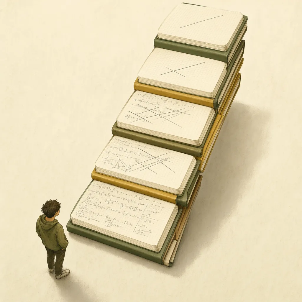 Symbolische Treppe aus Mathe-Heften — jede Stufe höher mit größeren Lücken