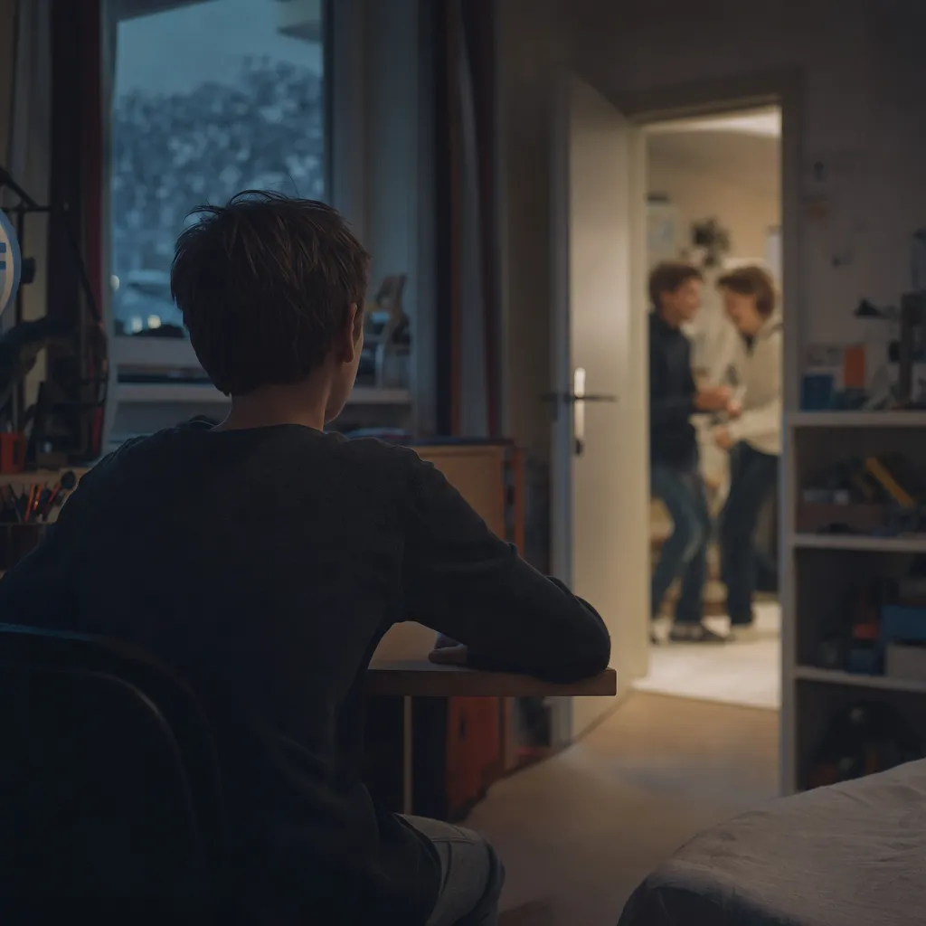 Kind sitzt allein am Schreibtisch, im Hintergrund unscharf andere Kinder beim Spielen