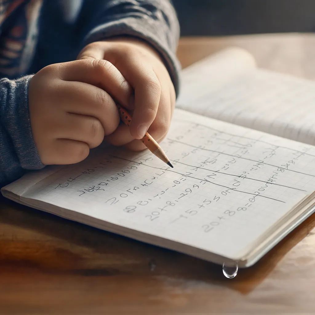 Kinderhände halten Bleistift über Matheheft mit durchgestrichener Aufgabe