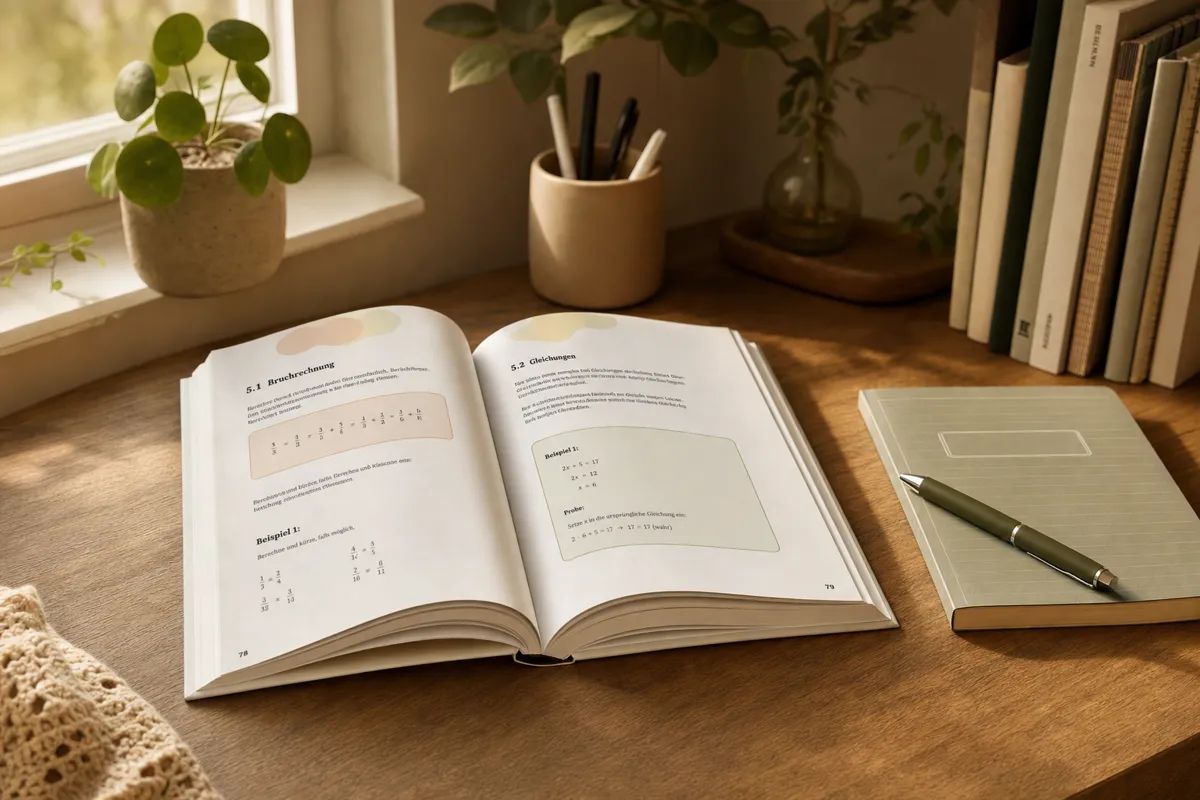 Mathe meistern – aufgeschlagenes Buch auf Holzschreibtisch mit Stift und Heft