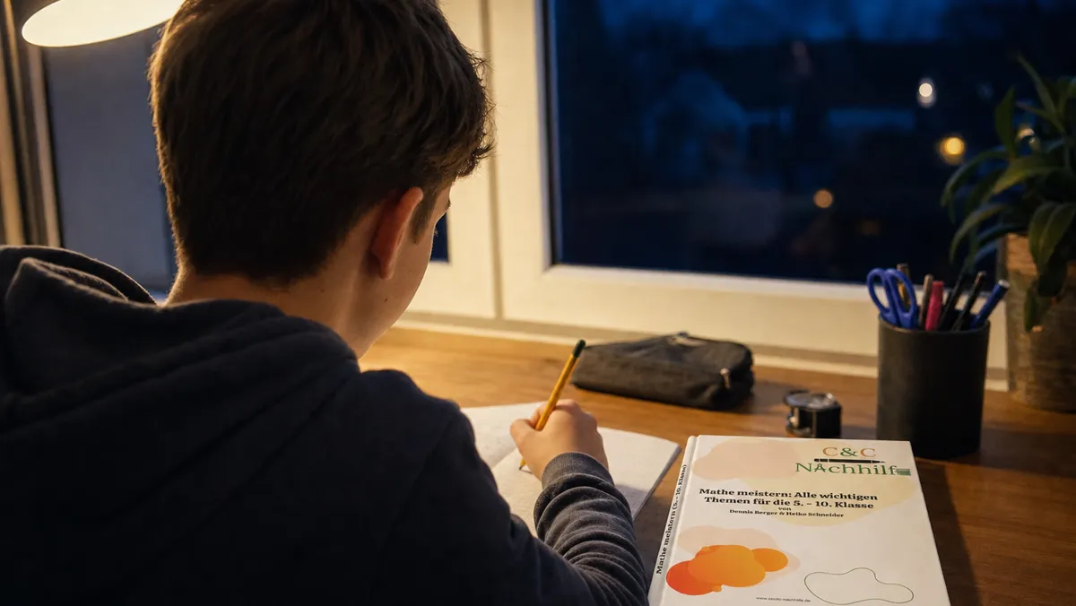 Junge am Schreibtisch mit „Mathe meistern